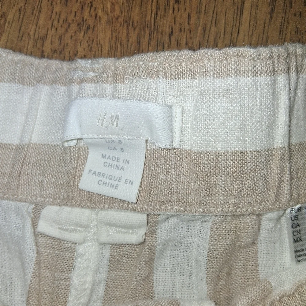 H&M White & Tan Linen Blend Stripe Cropped Wide Leg Pants 8